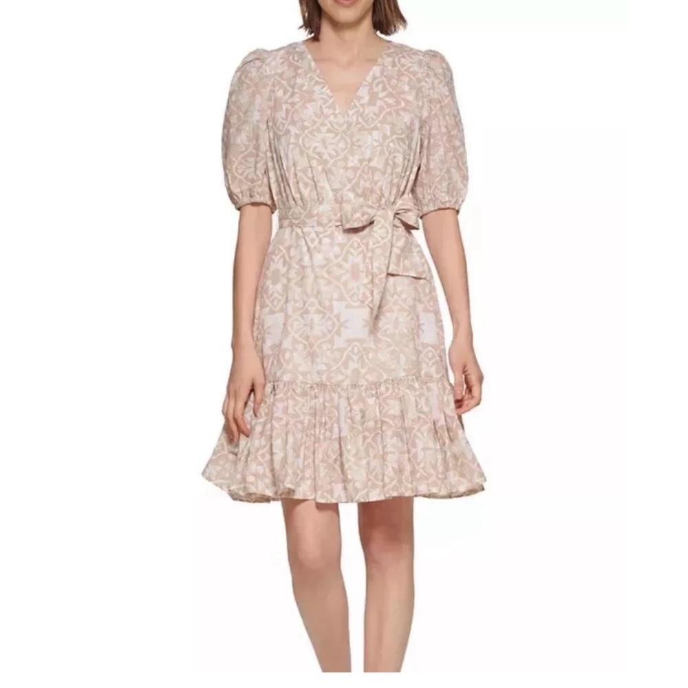Calvin Klein Puff Sleeve V-Neck Belted 100% cotton Dress Size 8 Beige Cream